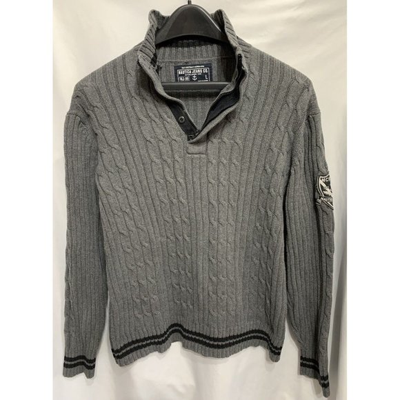 Nautica Jeans Co. Sweater Men's Large Gray Cable Knit 1/4 Zip Pullover Logo - Picture 1 of 8